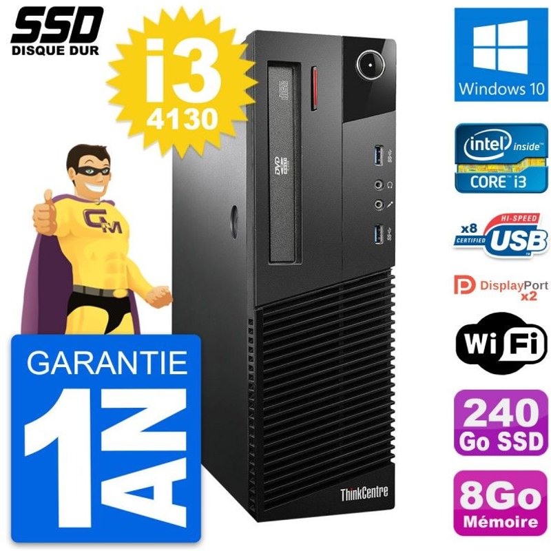PC Lenovo ThinkCentre M93p SFF Intel i3-4130 RAM 8Go SSD 240Go Windows 10 Wifi