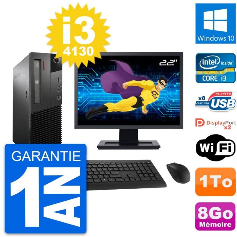 PC Lenovo M93p SFF Ecran 22" Intel i3-4130 RAM 8Go Disque 1To Windows 10 Wifi