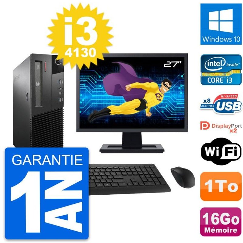 PC Lenovo M93p SFF Ecran 27" Intel i3-4130 RAM 16Go Disque 1To Windows 10 Wifi