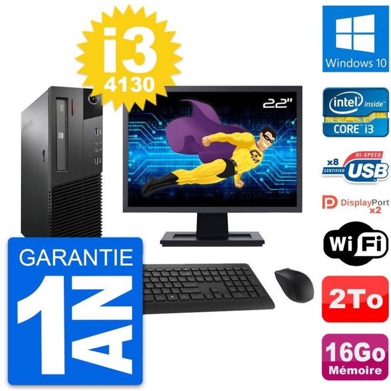 PC Lenovo M93p SFF Ecran 22" Intel i3-4130 RAM 16Go Disque 2To Windows 10 Wifi