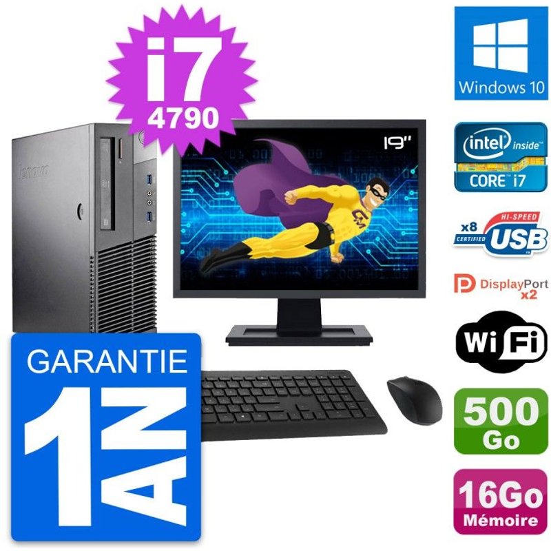 PC Lenovo M93p SFF Ecran 19" Intel i7-4790 RAM 16Go Disque 500Go Windows 10 Wifi