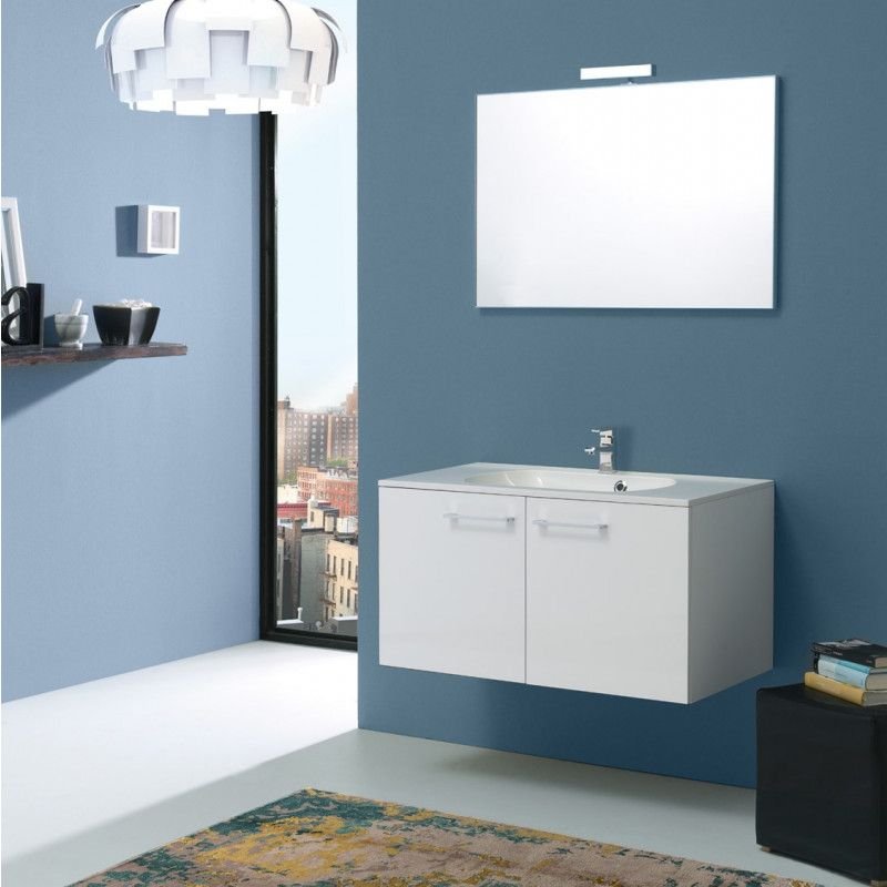 Meuble De Salle De Bains 'boston' 90 Cm Finition Blanc Brillant Avec Portes