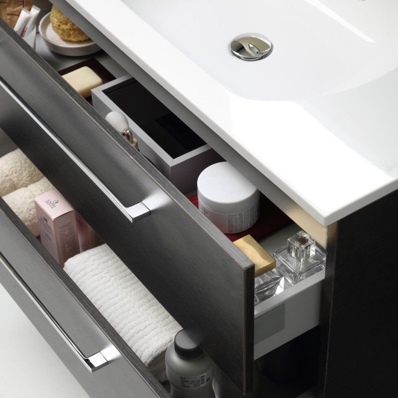 Meuble Suspendu Salle De Bains 90 Cm Avec Tiroirs 'boston' En ChĂȘne FoncĂ©