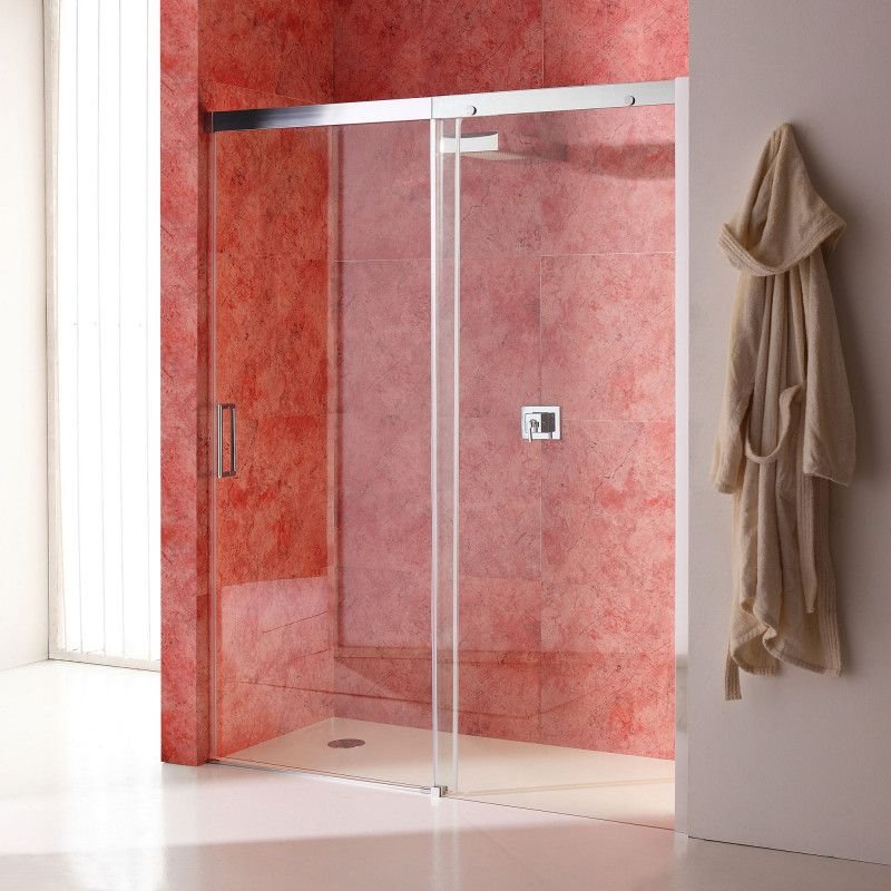 PORTE DE DOUCHE EN NICHE AVEC PAROI FIXE À DROITE EN VERRE TRANSPARENT 150 CM