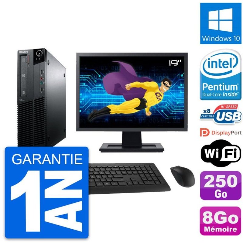 PC Lenovo M81 SFF Ecran 19" Intel G630 RAM 8Go Disque Dur 250Go Windows 10 Wifi