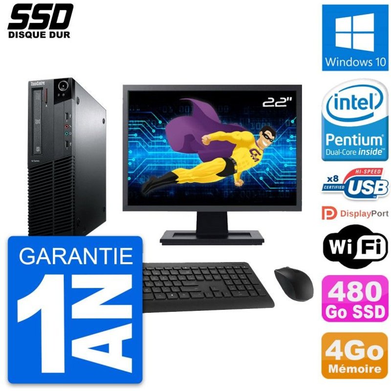 PC Lenovo M81 SFF Ecran 22" Intel G630 RAM 4Go SSD 480Go Windows 10 Wifi