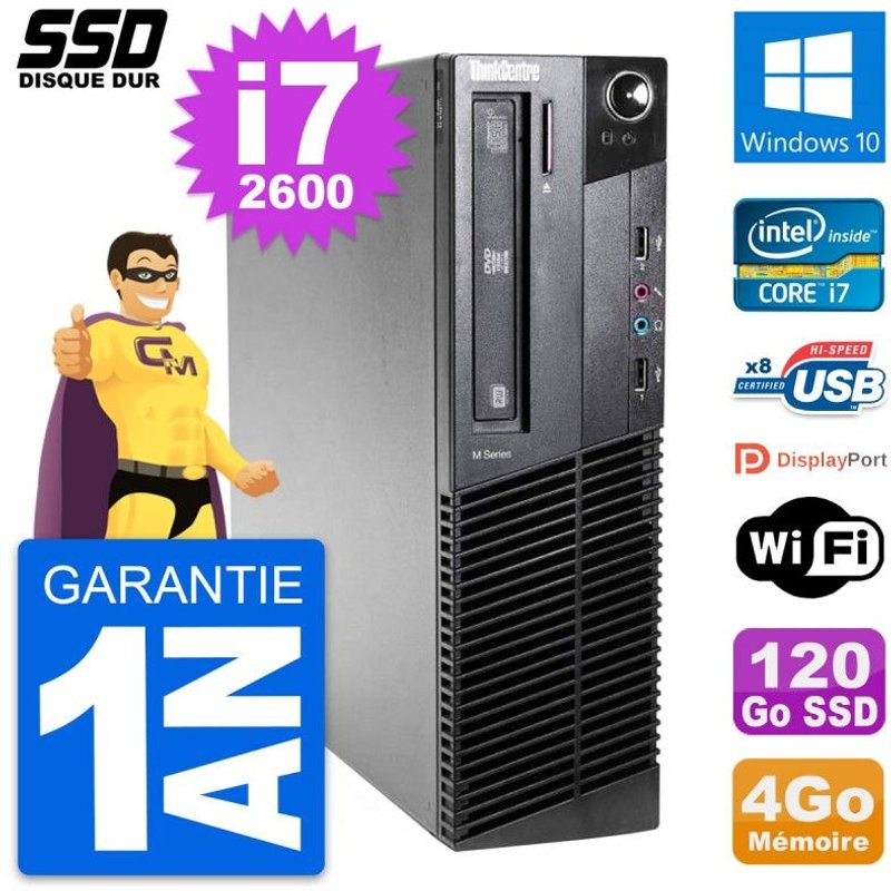 PC Lenovo ThinkCentre M81 SFF Intel i7-2600 RAM 4Go SSD 120Go Windows 10 Wifi