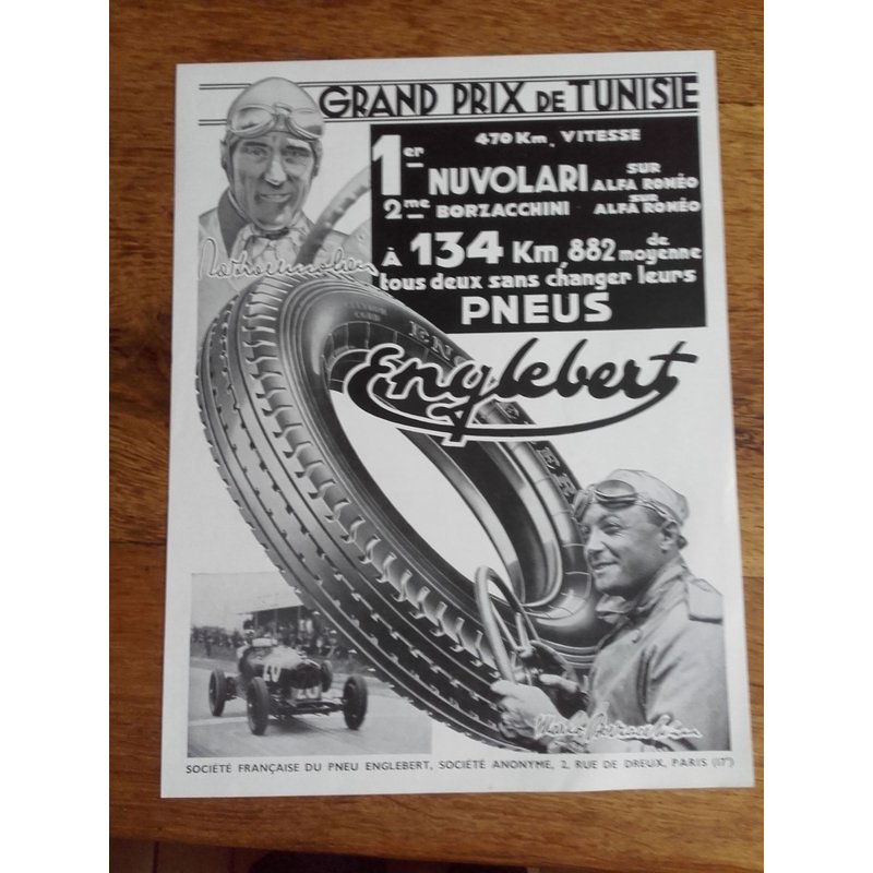 Publicité Années 1930 Pneu Englebert Grand Prix De Tunisie