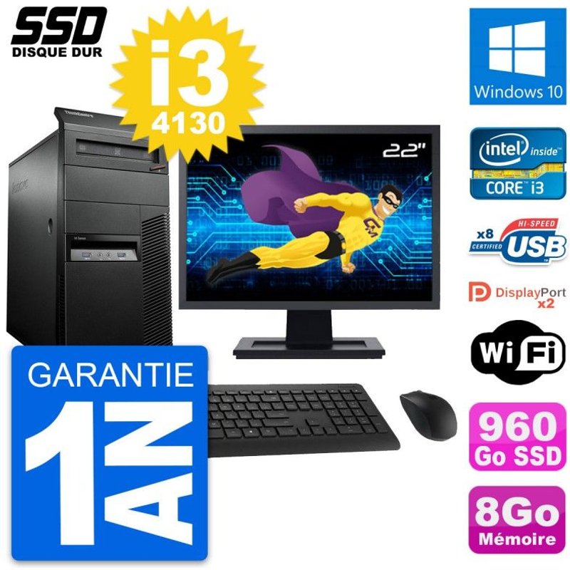 PC Tour Lenovo M93p Ecran 22" Intel i3-4130 RAM 8Go SSD 960Go Windows 10 Wifi