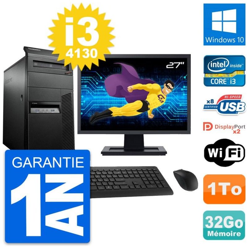 PC Tour Lenovo M93p Ecran 27" Intel i3-4130 RAM 32Go Disque 1To Windows 10 Wifi
