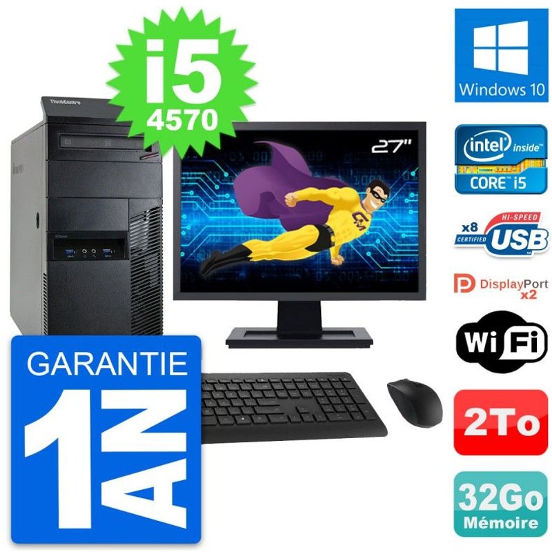 PC Tour Lenovo M93p Ecran 27" Intel i5-4570 RAM 32Go Disque 2To Windows 10 Wifi