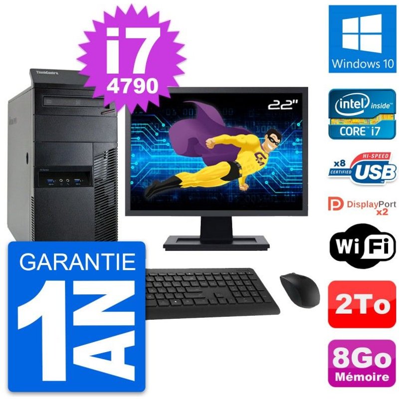 PC Tour Lenovo M93p Ecran 22" Intel i7-4790 RAM 8Go Disque 2To Windows 10 Wifi