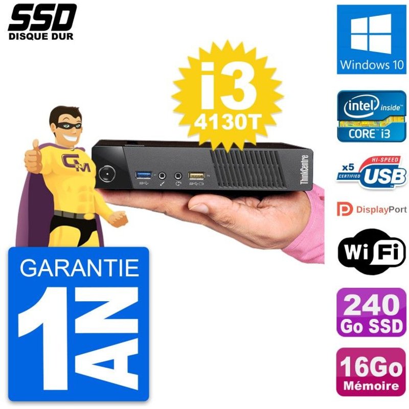Ultra Mini PC Lenovo M93p Tiny Intel i3-4130T RAM 16Go SSD 240Go Windows 10 Wifi