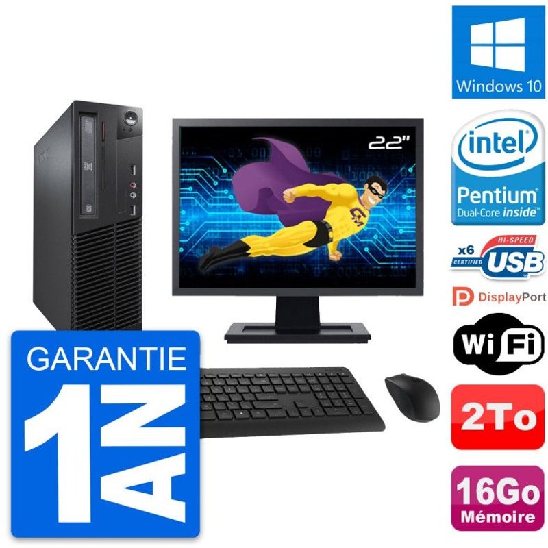 PC Lenovo M73 SFF Ecran 22" Intel G3220 RAM 16Go Disque Dur 2To Windows 10 Wifi