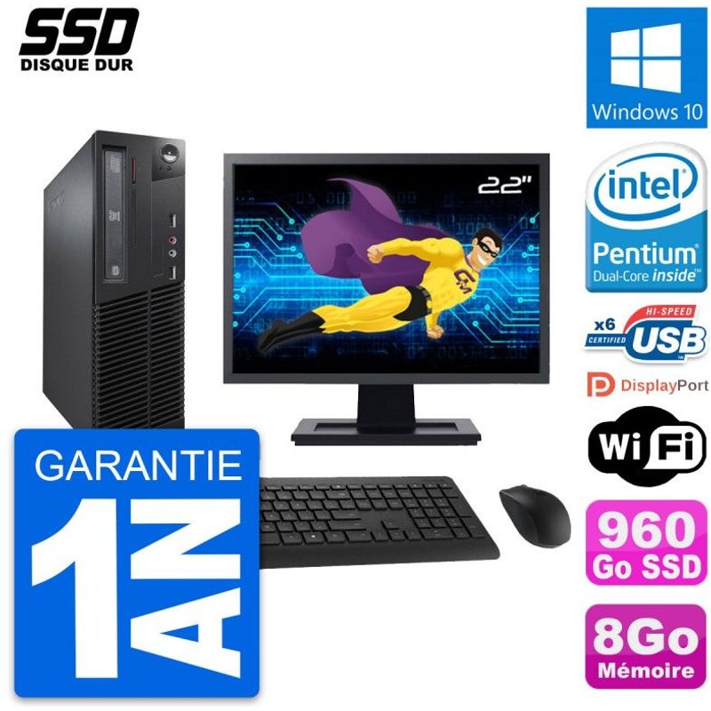 PC Lenovo M73 SFF Ecran 22" Intel G3220 RAM 8Go SSD 960Go Windows 10 Wifi