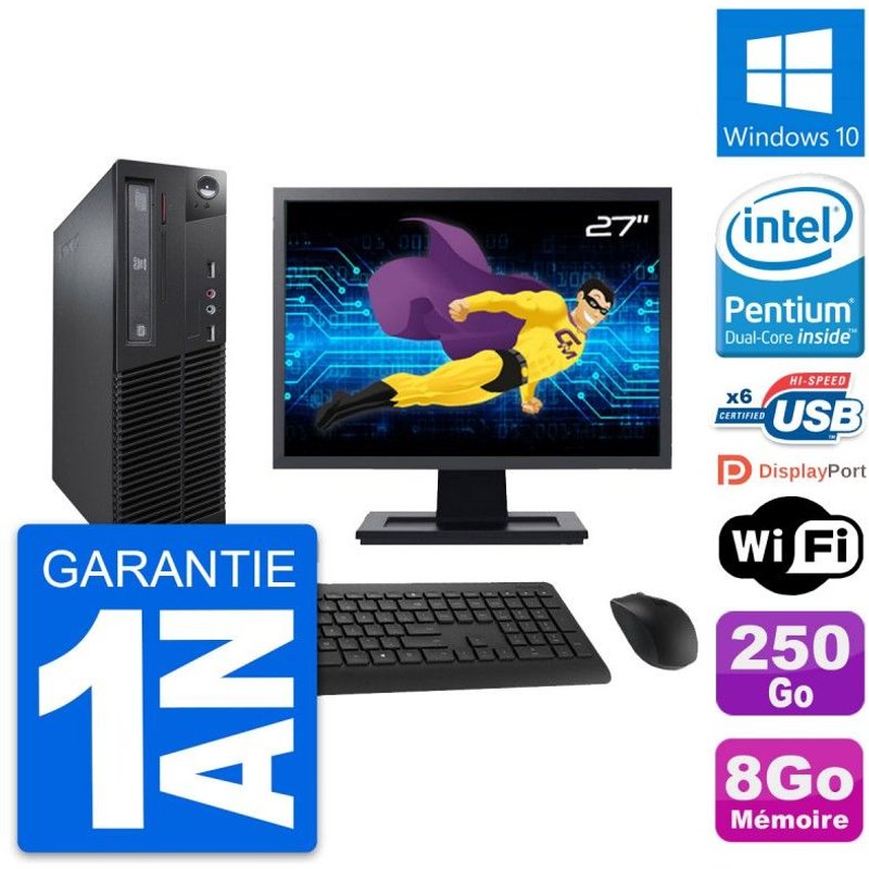 PC Lenovo M73 SFF Ecran 27" Intel G3220 RAM 8Go Disque 250Go Windows 10 Wifi