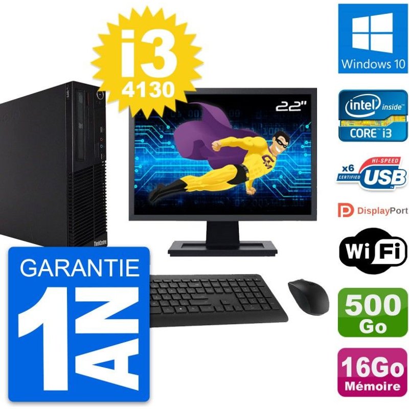 PC Lenovo M73 SFF Ecran 22" Intel i3-4130 RAM 16Go Disque 500Go Windows 10 Wifi
