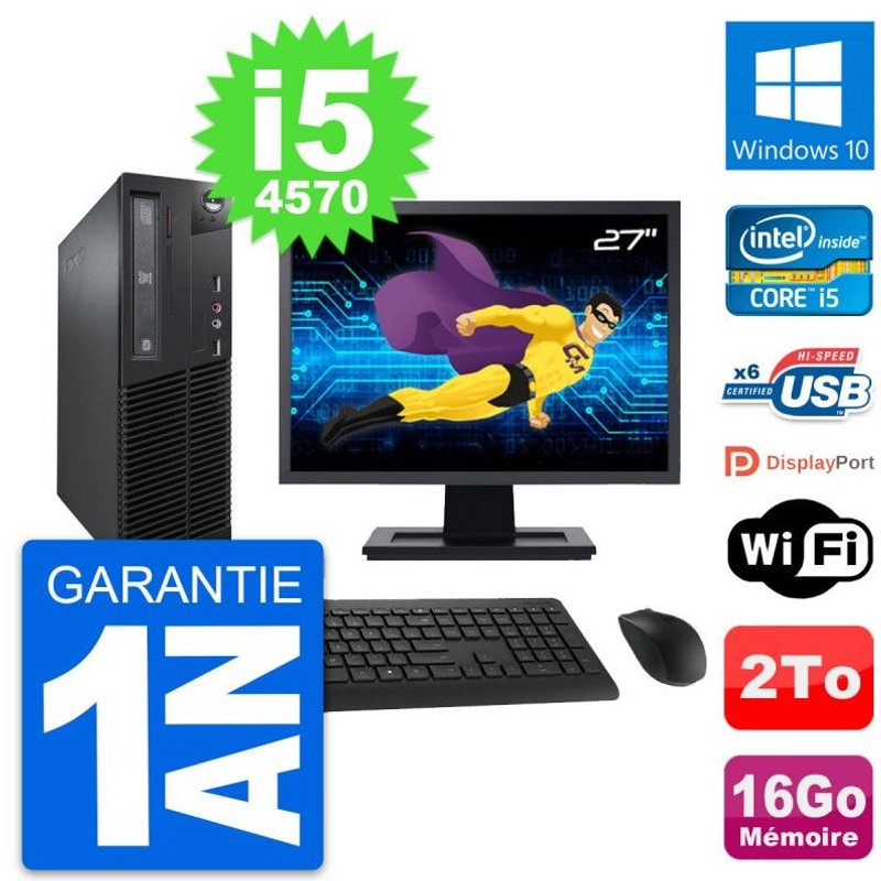 PC Lenovo M73 SFF Ecran 27" Intel i5-4570 RAM 16Go Disque 2To Windows 10 Wifi