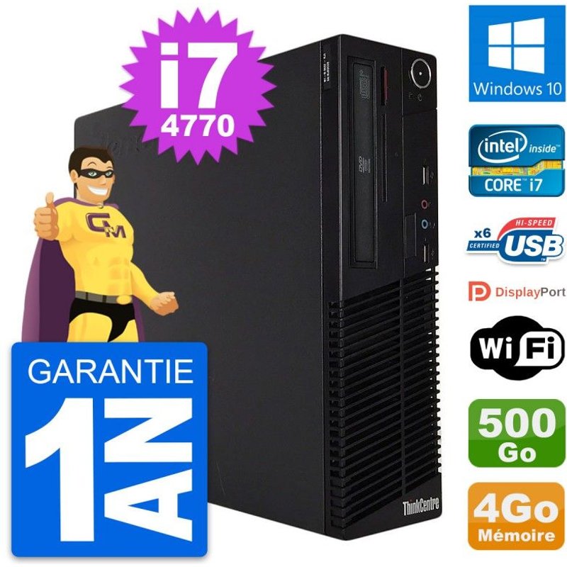 PC Lenovo ThinkCentre M73 SFF Intel i7-4770 RAM 4Go Disque 500Go Windows 10 Wifi