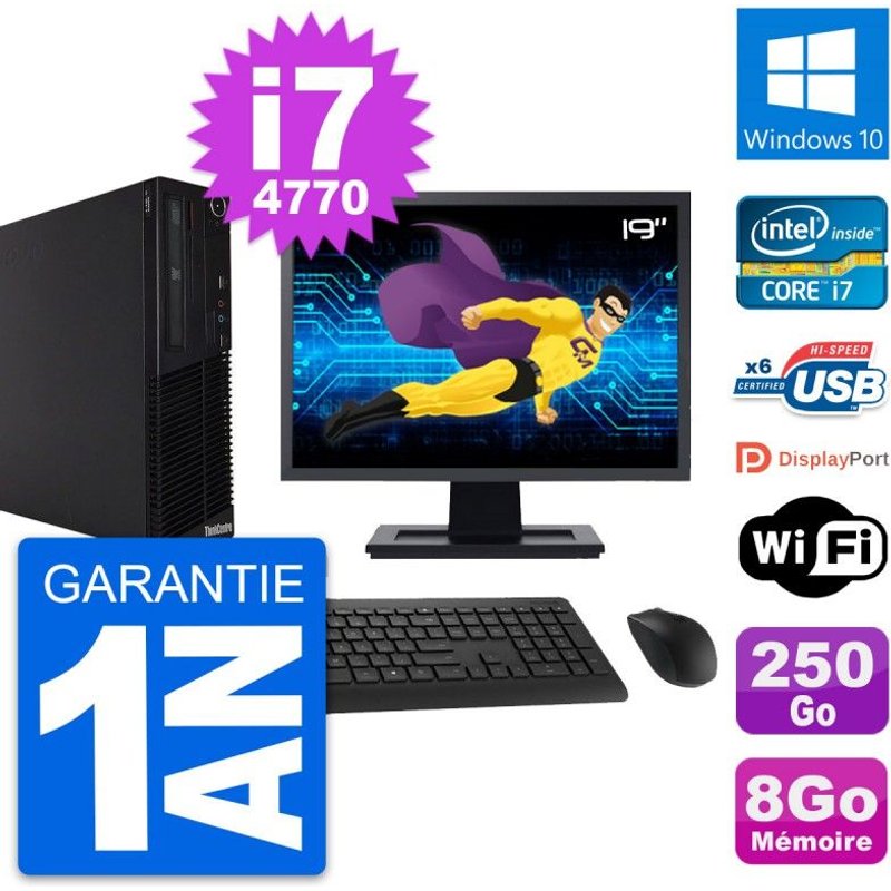 PC Lenovo M73 SFF Ecran 19" Intel i7-4770 RAM 8Go Disque 250Go Windows 10 Wifi