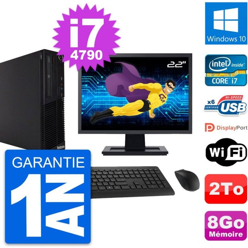 PC Lenovo M73 SFF Ecran 22" Intel i7-4790 RAM 8Go Disque Dur 2To Windows 10 Wifi