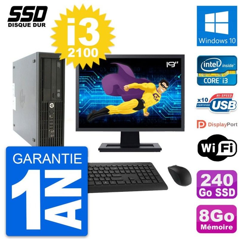 PC HP Z210 SFF Ecran 19" Intel Core i3-2100 RAM 8Go SSD 240Go Windows 10 Wifi