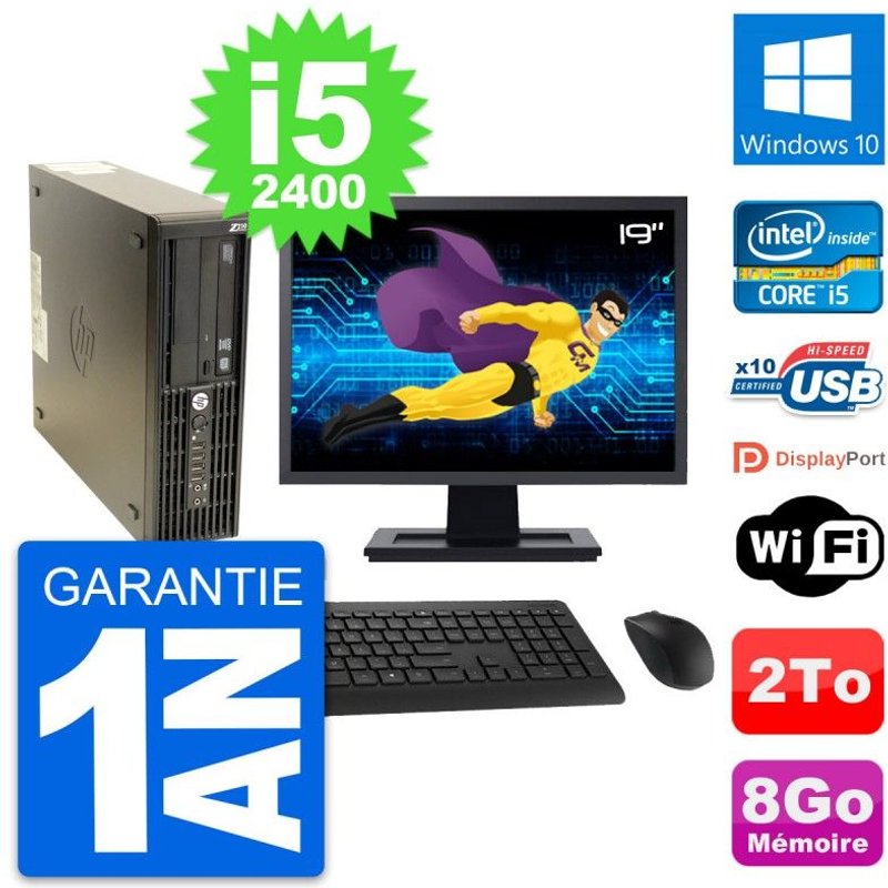 PC HP Z210 SFF Ecran 19" Intel Core i5-2400 RAM 8Go Disque 2To Windows 10 Wifi