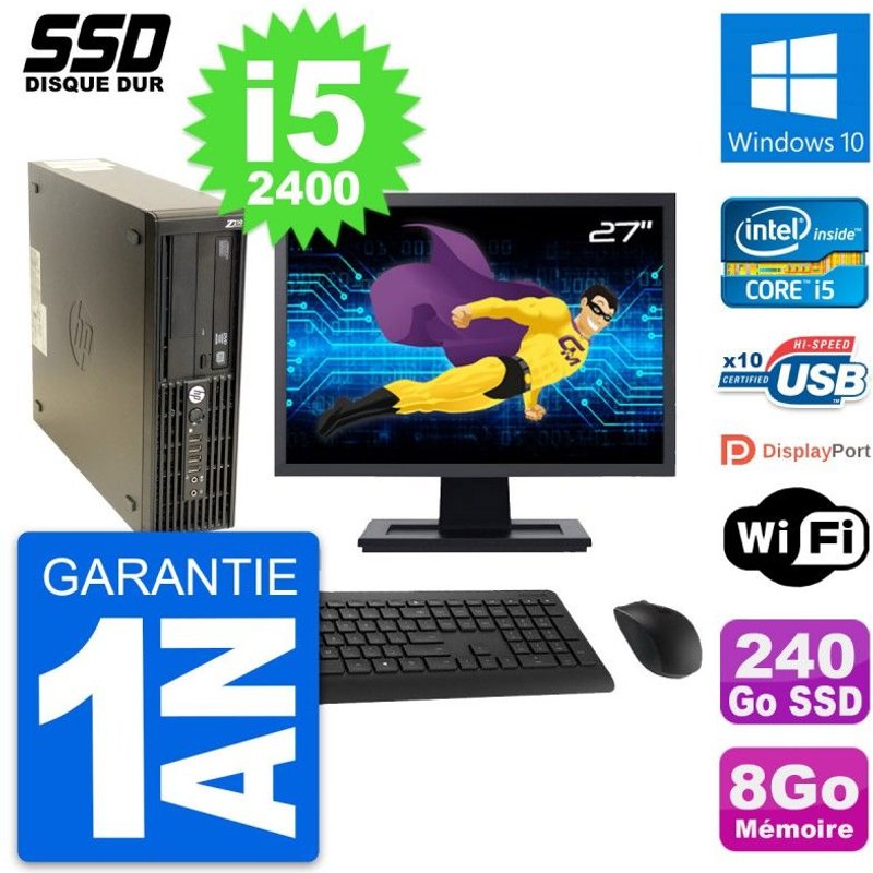 PC HP Z210 SFF Ecran 27" Intel Core i5-2400 RAM 8Go SSD 240Go Windows 10 Wifi