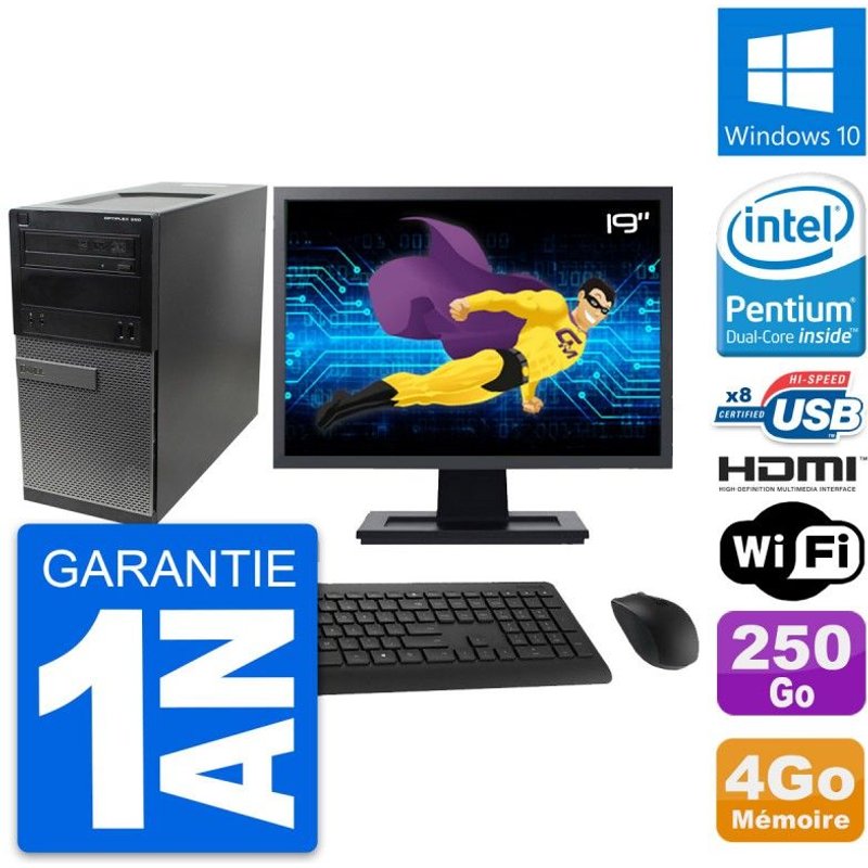 PC Tour Dell 390 MT Ecran 19" G630 RAM 4Go Disque Dur 250Go HDMI Windows 10 Wifi