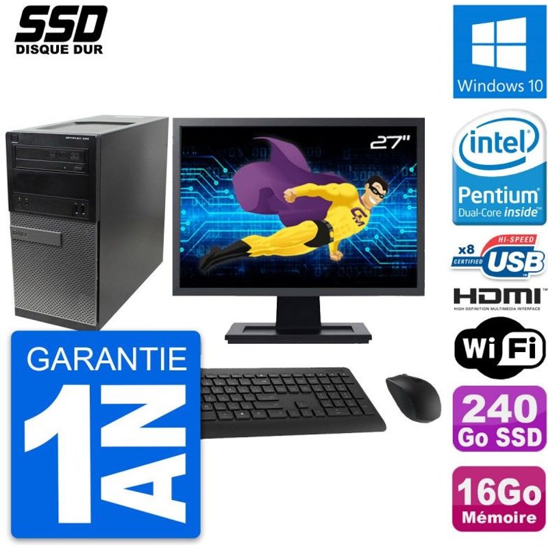 PC Tour Dell 390 MT Ecran 27" Intel G630 RAM 16Go SSD 240Go HDMI Windows 10 Wifi