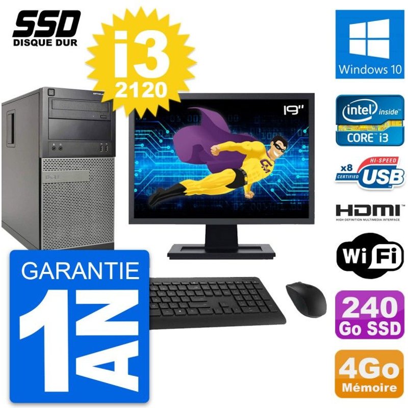 PC Tour Dell 390 MT Ecran 19" i3-2120 RAM 4Go SSD 240Go HDMI Windows 10 Wifi