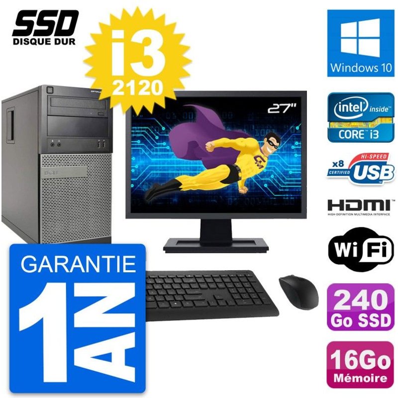 PC Tour Dell 390 MT Ecran 27" i3-2120 RAM 16Go SSD 240Go HDMI Windows 10 Wifi