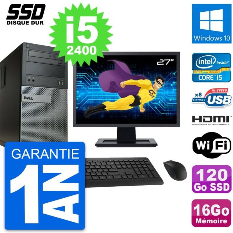 PC Tour Dell 390 MT Ecran 27" i5-2400 RAM 16Go SSD 120Go HDMI Windows 10 Wifi