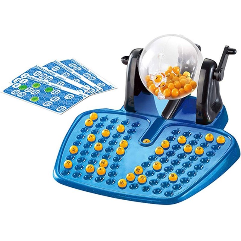 Jeu De Societe Bingo Loto Bleu Avec Distributeur De Boules, 90 Boules Numérotées, 48 Cartes Et Des Jetons Hobbytech