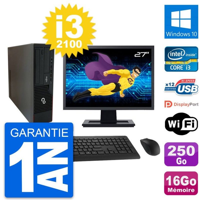 PC Fujitsu E910 DT Ecran 27" Intel i3-2100 RAM 16Go Disque 250Go Windows 10 Wifi