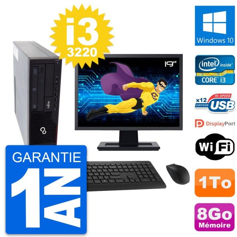 PC Fujitsu E910 DT Ecran 19" Intel i3-3220 RAM 8Go Disque 1To Windows 10 Wifi