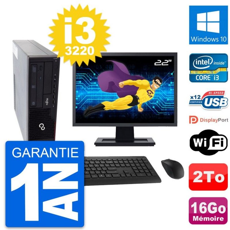 PC Fujitsu E910 DT Ecran 22" Intel i3-3220 RAM 16Go Disque 2To Windows 10 Wifi