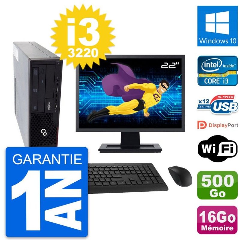 PC Fujitsu E910 DT Ecran 22" Intel i3-3220 RAM 16Go Disque 500Go Windows 10 Wifi