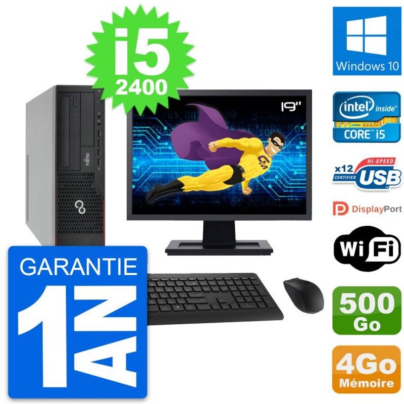 PC Fujitsu E910 DT Ecran 19" Intel i5-2400 RAM 4Go Disque 500Go Windows 10 Wifi