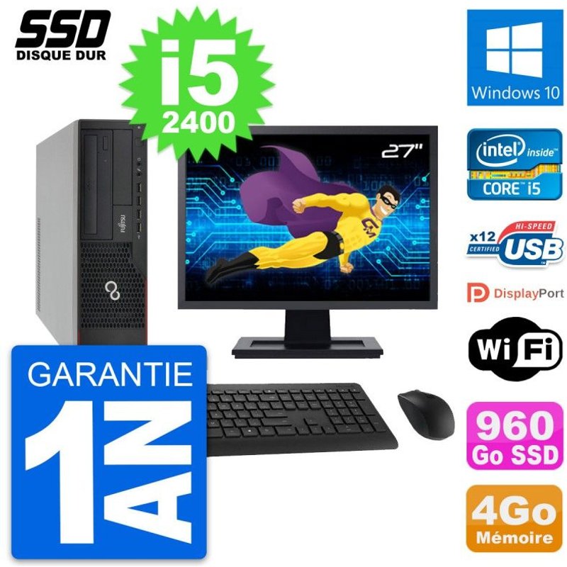PC Fujitsu E910 DT Ecran 27" Intel i5-2400 RAM 4Go SSD 960Go Windows 10 Wifi