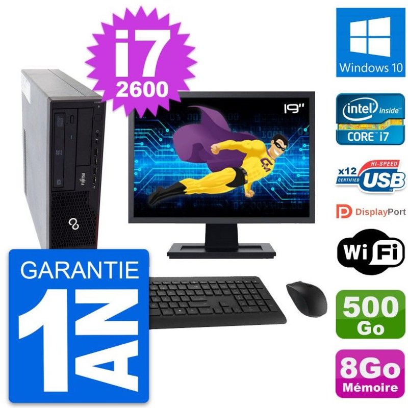 PC Fujitsu E910 DT Ecran 19" Intel i7-2600 RAM 8Go Disque 500Go Windows 10 Wifi