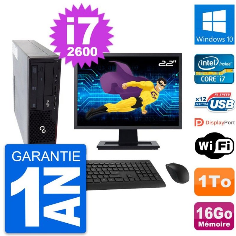 PC Fujitsu E910 DT Ecran 22" Intel i7-2600 RAM 16Go Disque 1To Windows 10 Wifi