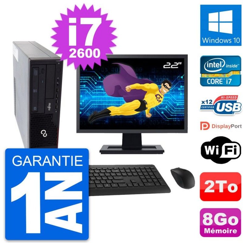 PC Fujitsu E910 DT Ecran 22" Intel i7-2600 RAM 8Go Disque 2To Windows 10 Wifi