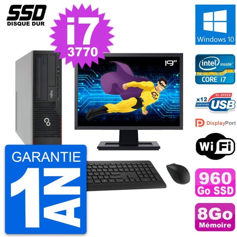 PC Fujitsu E910 DT Ecran 19" Intel i7-3770 RAM 8Go SSD 960Go Windows 10 Wifi