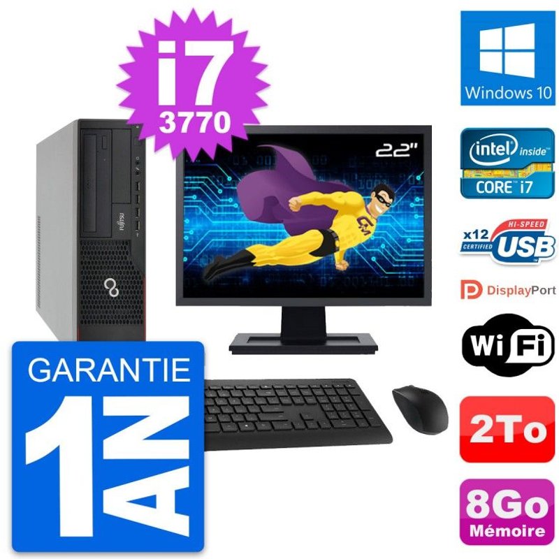 PC Fujitsu E910 DT Ecran 22" Intel i7-3770 RAM 8Go Disque 2To Windows 10 Wifi