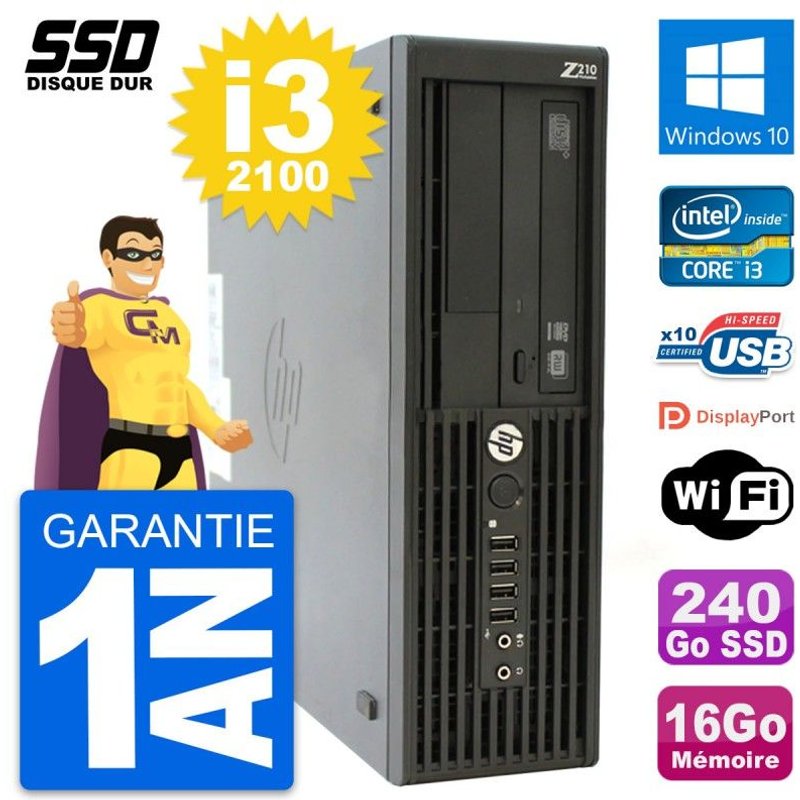 PC HP WorkStation Z210 SFF Intel i3-2100 RAM 16Go SSD 240Go Windows 10 Wifi