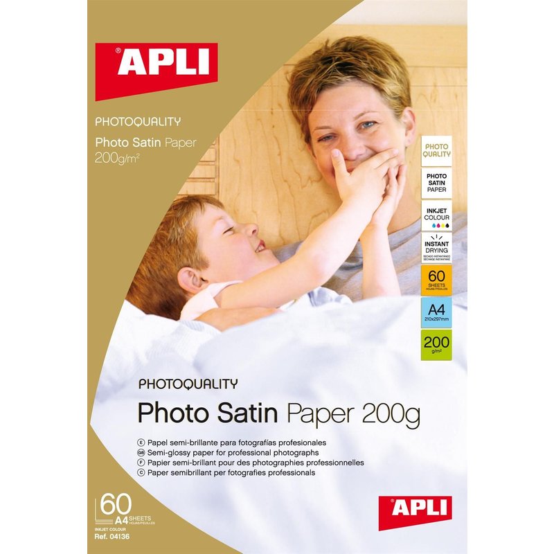 Apli Boite 60 feuilles papier photo satin 210 x 297 mm 200g