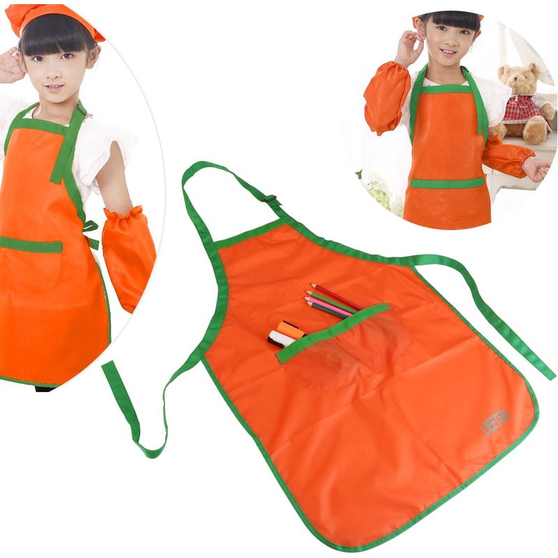 Enfants Enfants ImpermeAble Art Artisanat Tablier Smock Pour Peinture à La Main Dessin Avec Manchon Orange Tablier Avec Paire De Manches Orange