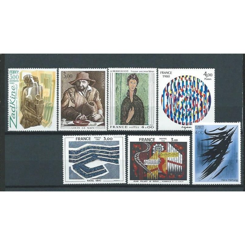 France 1980, Très Belle Série Complète Neuve** Luxe Art : 2074 Zadkine, 2075 Raoul Ubac, 2107 Tapisserie Hommage À Bach, 2108 Le Nain, 2109 Modigliani, 2110 Hartung, 2113 Agam.