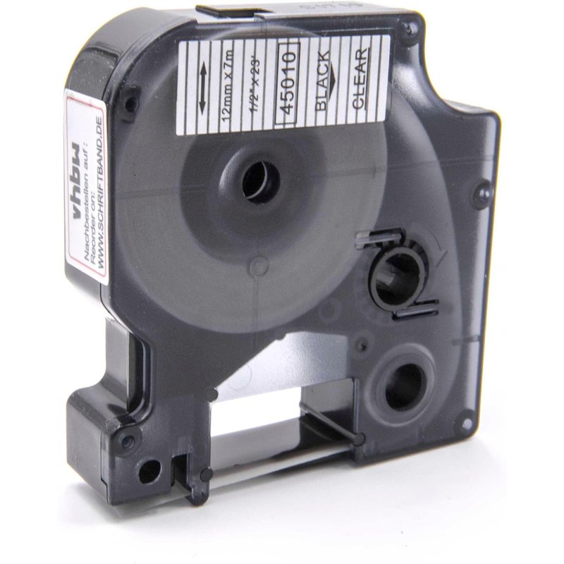 Cassette à ruban vhbw 12mm transparent pour Dymo LabelMaker PC, PC2, 1000, 1000+, 2000, 3500, 4500, 5000, 5500 comme Dymo D1, 45010.